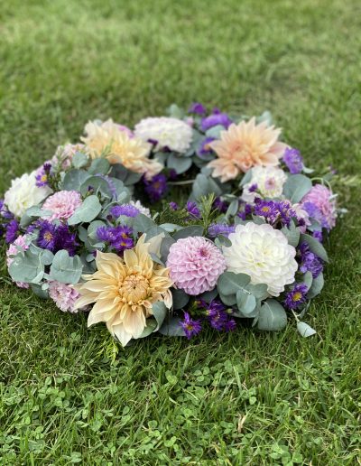 Eco floristry summer flowers funeral wreath, Gloucestershire